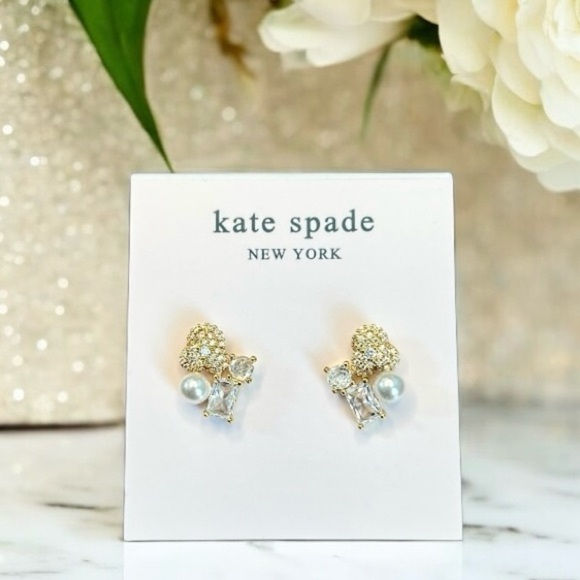 Kate Spade Cluster Earrings, Gold, Crystals, & Pearl, with Dust bag - Picture 1 of 7